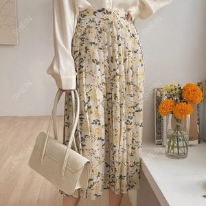 Yellow Floral Pleated Skirt